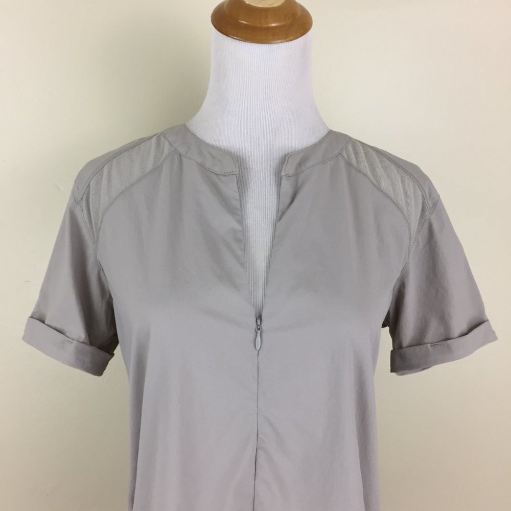 INDYGENA Taupe Ruching Back Short Sheer Sleeve Insert 1/4 Hidden Zip Shirt - Picture 6 of 11